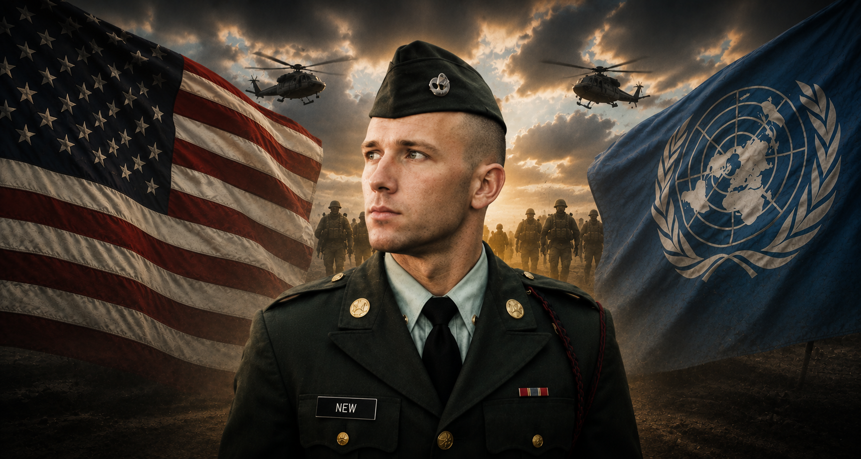 Spc. Michael G. New between the American flag and United Nations flag